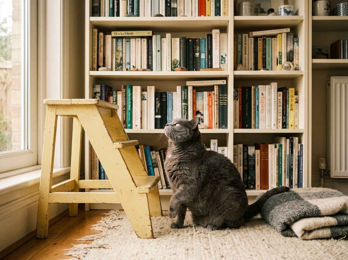 Smokey and the step-stool David built from the mobility chapter — fourteen years old, back on his shelf.