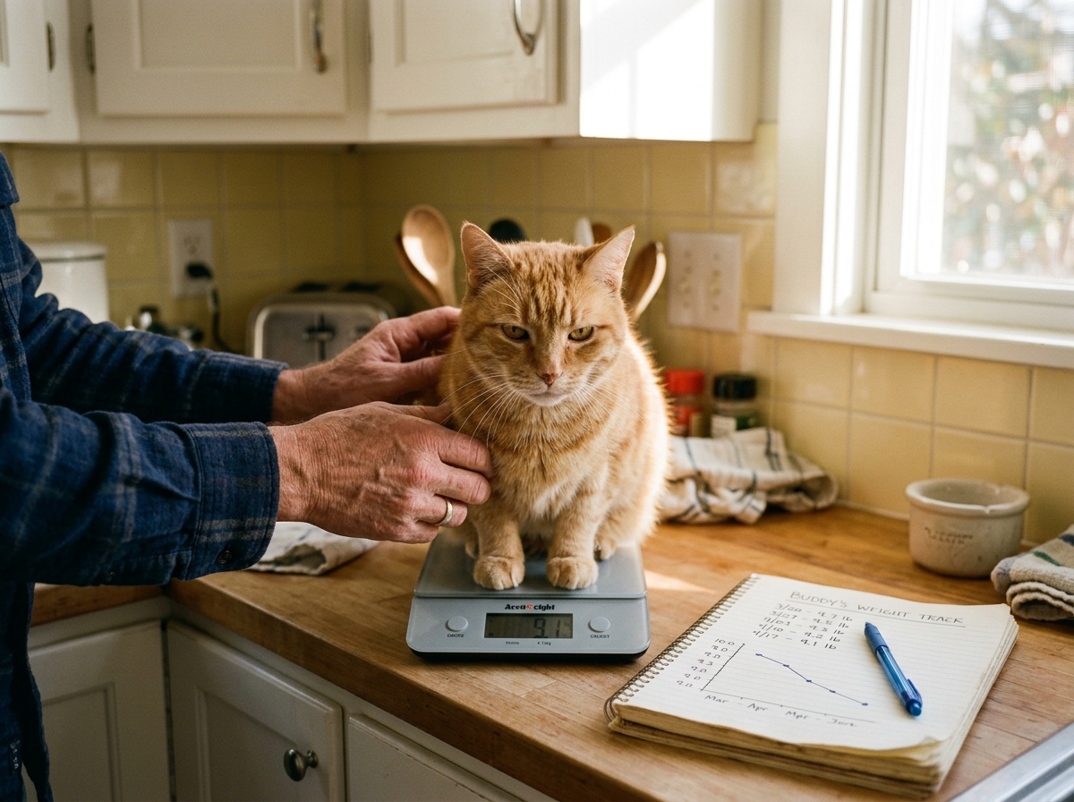 Tom's weekly weigh-in for Buddy — four months of numbers that got bloodwork run before symptoms started.